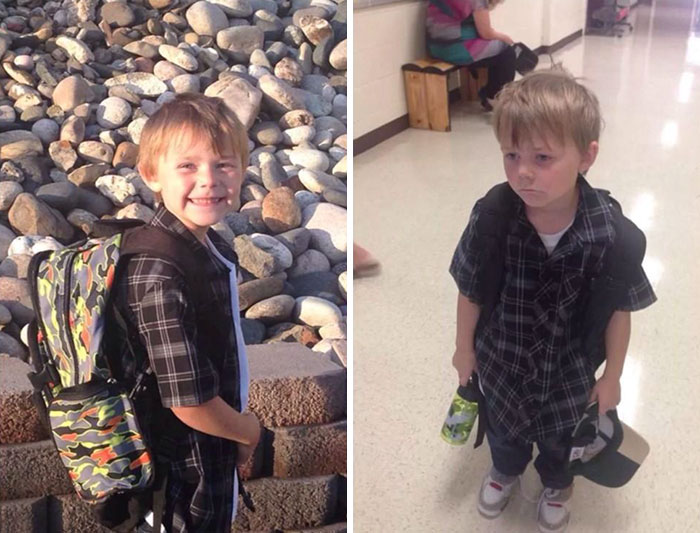 27 Hilarious Pics Of Kids Before & After Their First Day Of School 27 Hilarious Pics Of Kids Before & After Their First Day Of School