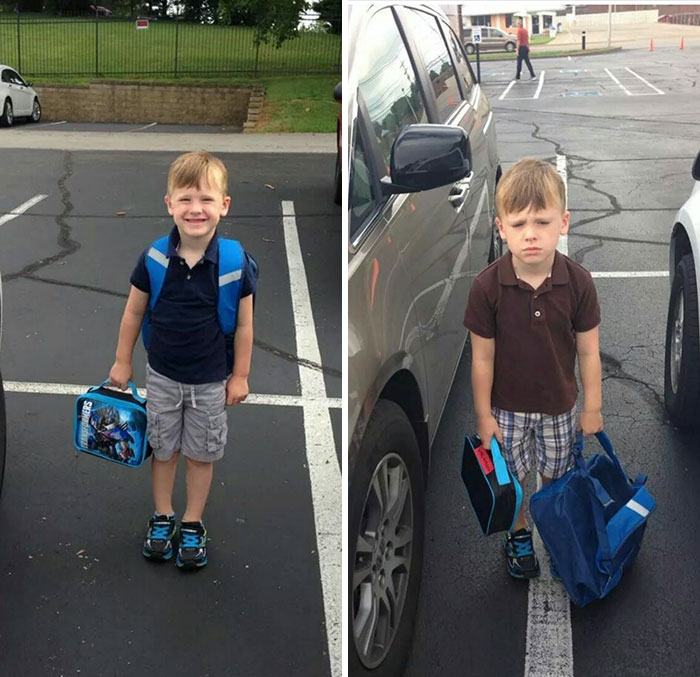 27 Hilarious Pics Of Kids Before & After Their First Day Of School 27 Hilarious Pics Of Kids Before & After Their First Day Of School