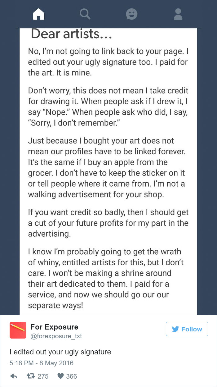 97 People Who Think They Can Pay Artists In “Exposure” 97 People Who Think They Can Pay Artists In “Exposure”