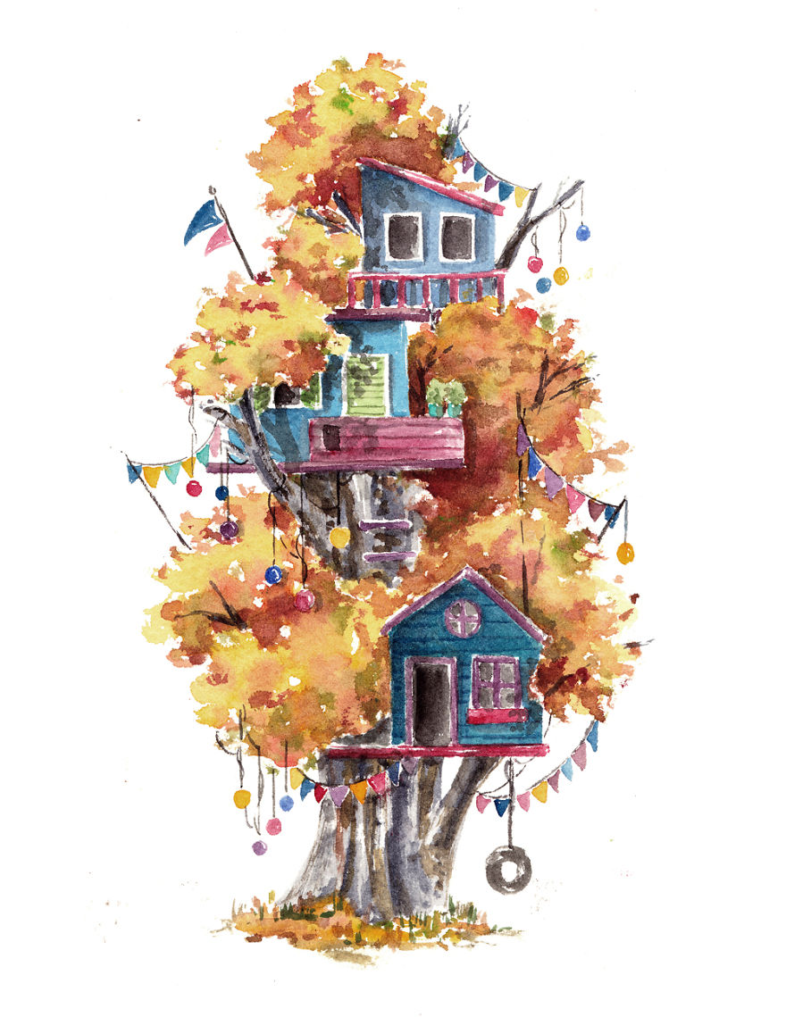 I Use Watercolours To Paint Whimsical Tree Houses