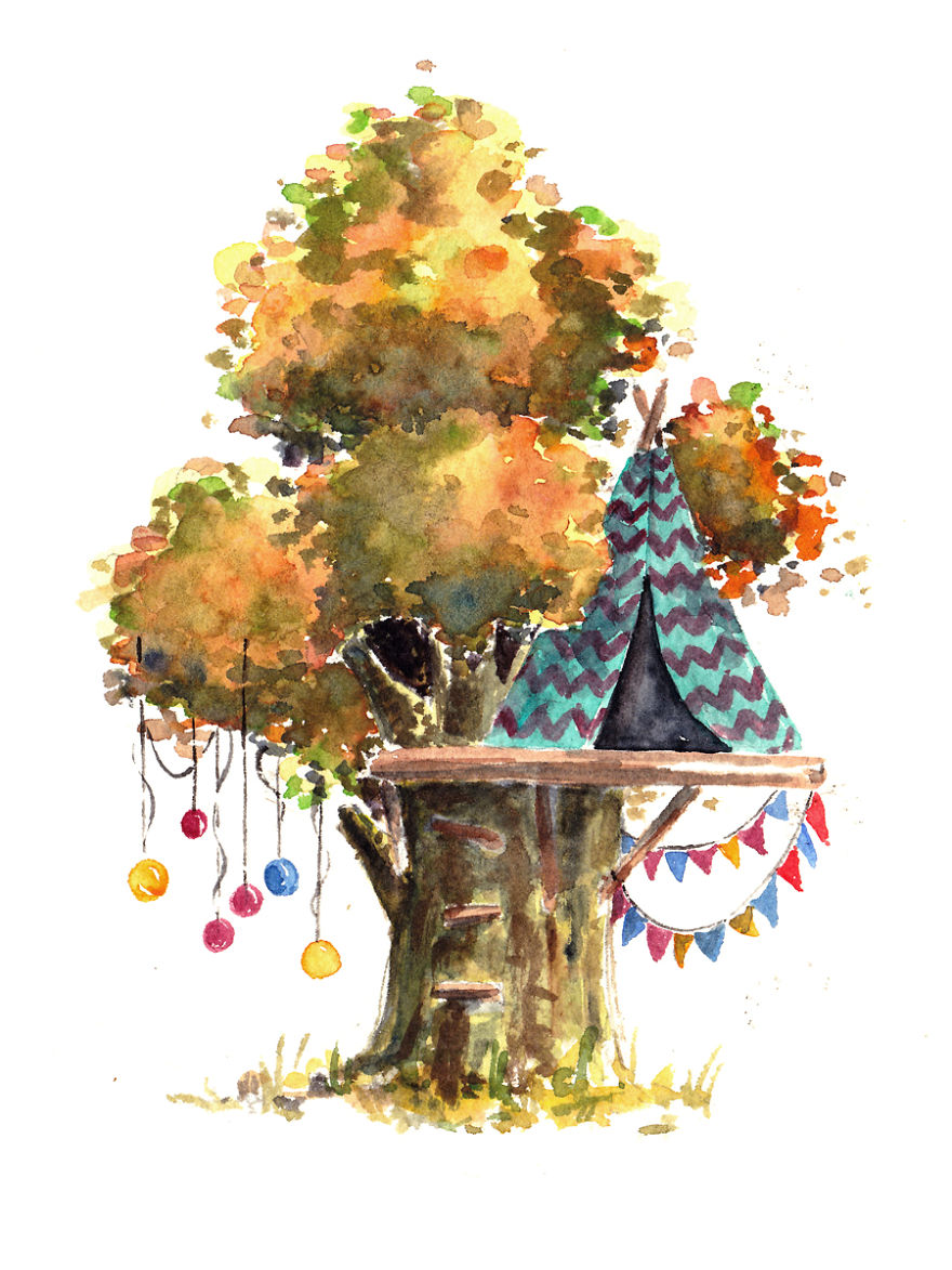 I Use Watercolours To Paint Whimsical Tree Houses
