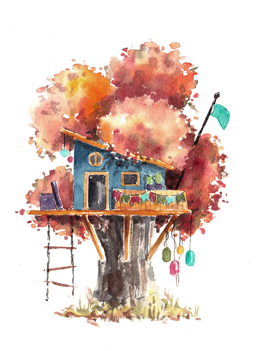 I Use Watercolours To Paint Whimsical Tree Houses