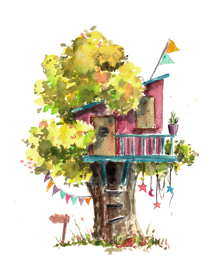 I Use Watercolours To Paint Whimsical Tree Houses