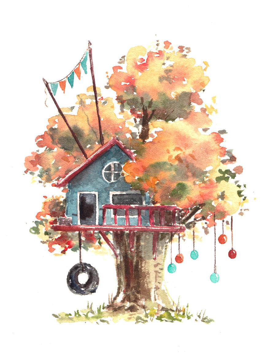 I Use Watercolours To Paint Whimsical Tree Houses