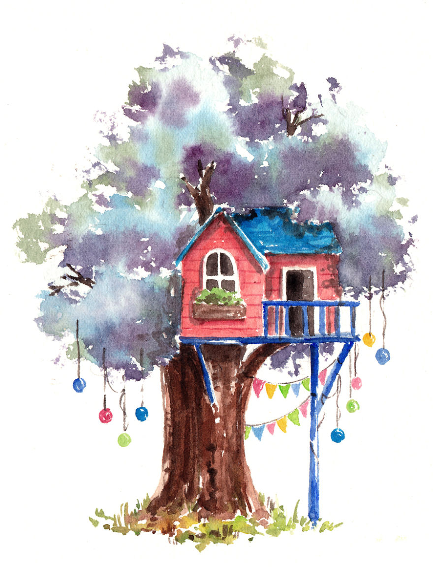 I Use Watercolours To Paint Whimsical Tree Houses