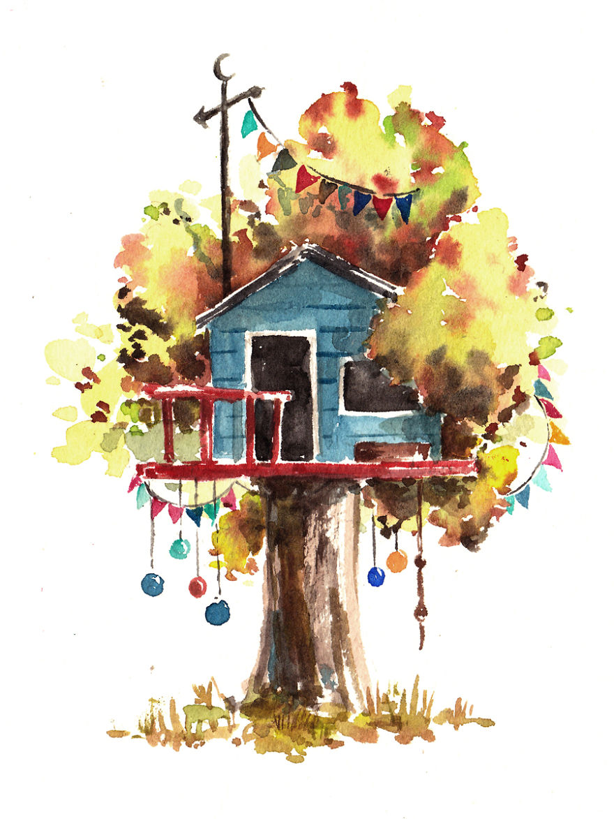 I Use Watercolours To Paint Whimsical Tree Houses
