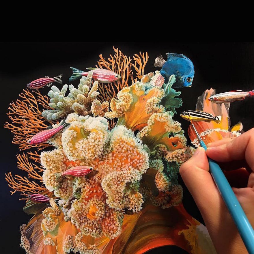Hyperrealistic Paintings Of Fish Merged With Their Surroundings By Lisa Ericson