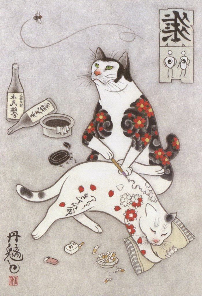 Cats Tattooing Each Other In Surreal Japanese Ink Wash Paintings