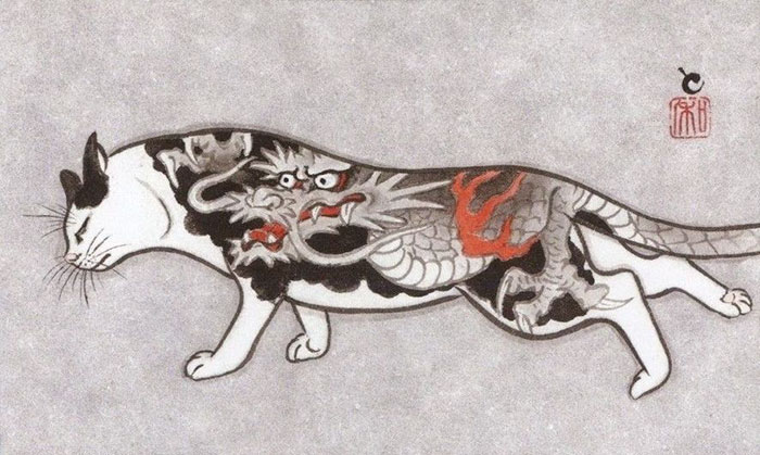 Cats Tattooing Each Other In Surreal Japanese Ink Wash Paintings