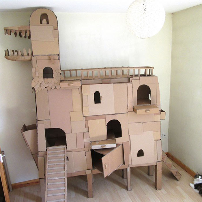 Human Builds A Dragon-Shaped Cardboard House For His Cat In Order To Please His Master