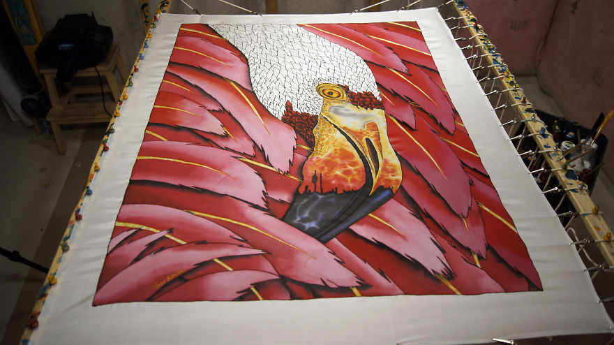 Flaming Flamingo Comes To Life In Batik Painting On Silk Flaming Flamingo Comes To Life In Batik Painting On Silk