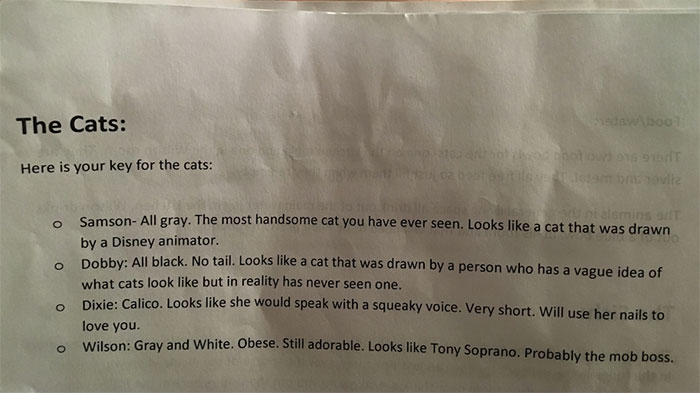 Cat-Sitter Shares The Note She Got From The Owner, And It’s Hilarious Cat-Sitter Shares The Note She Got From The Owner, And It’s Hilarious