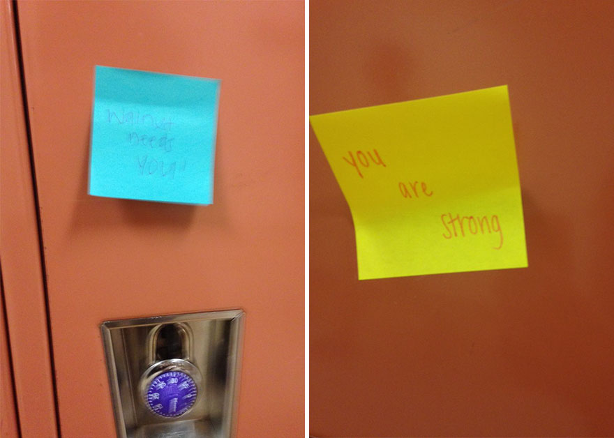 Students In My School Covered It’s Lockers With Supportive Post-It Notes After 12th Grader Committed Suicide Students In My School Covered It’s Lockers With Supportive Post-It Notes After 12th Grader Committed Suicide