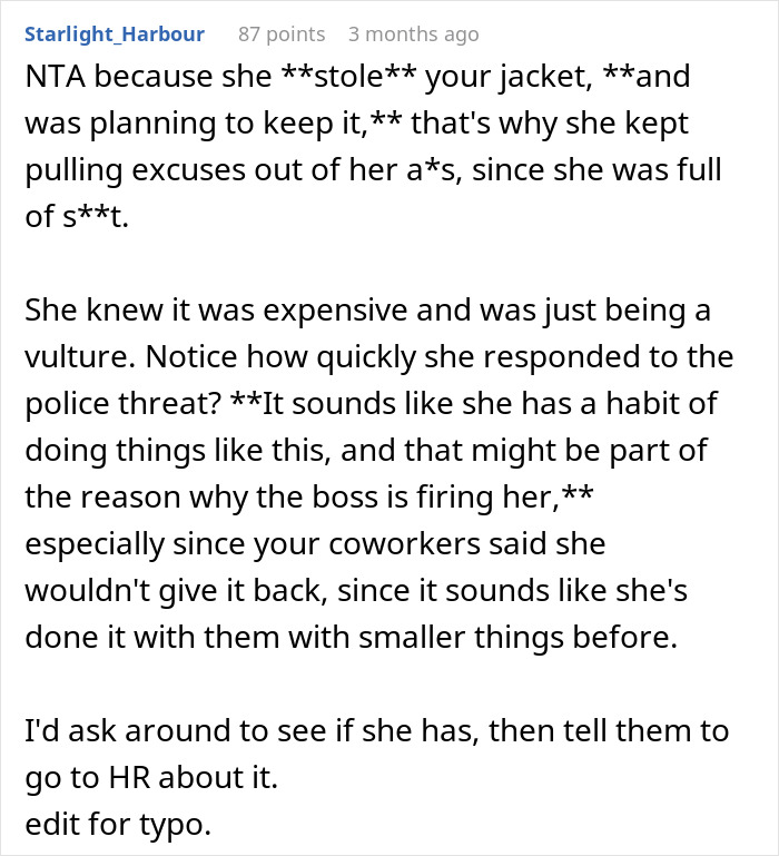 “Calm Down, Princess”: Woman Refuses To Return Her Coworker’s Expensive Jacket