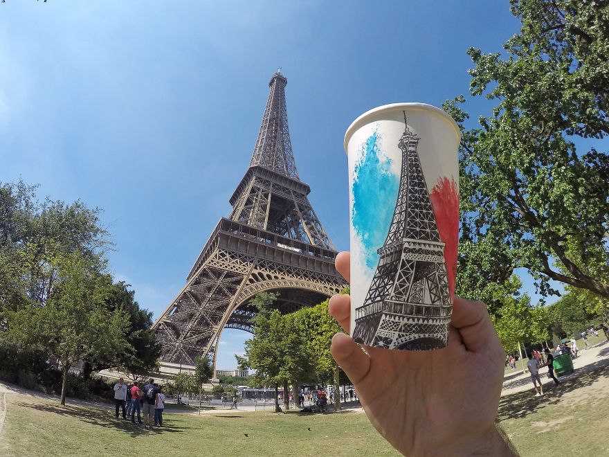 Artist Travels The World And Uses Paper Coffee Cups As His Canvas To Reflect What He Sees