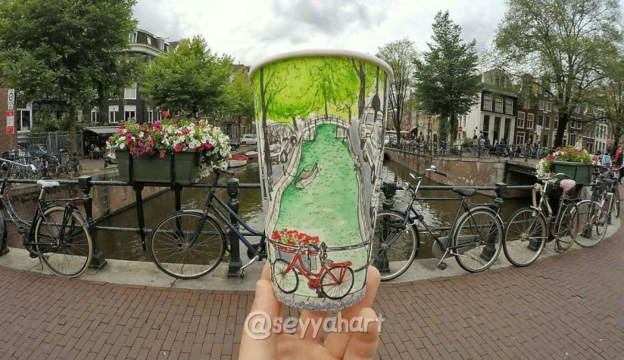 Artist Travels The World And Uses Paper Coffee Cups As His Canvas To Reflect What He Sees