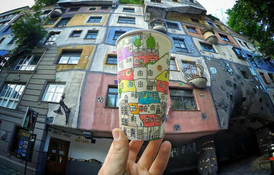 Artist Travels The World And Uses Paper Coffee Cups As His Canvas To Reflect What He Sees