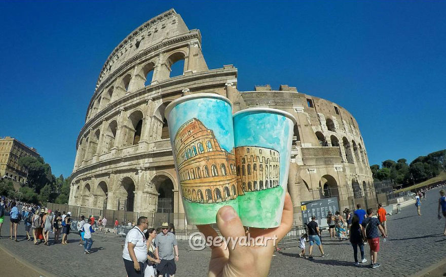 Artist Travels The World And Uses Paper Coffee Cups As His Canvas To Reflect What He Sees