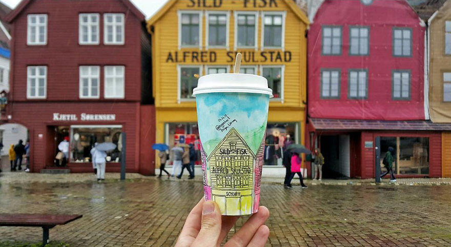 Artist Travels The World And Uses Paper Coffee Cups As His Canvas To Reflect What He Sees
