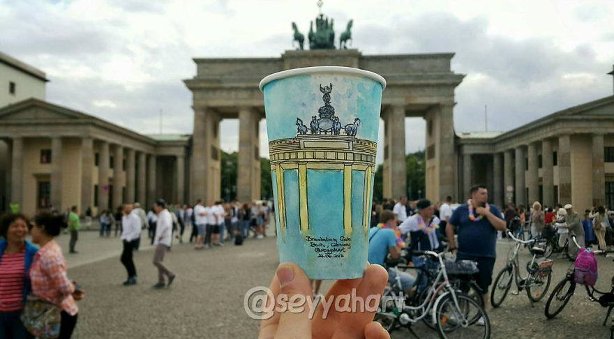 Artist Travels The World And Uses Paper Coffee Cups As His Canvas To Reflect What He Sees