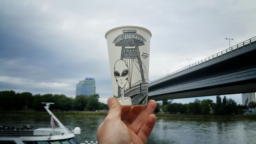 Artist Travels The World And Uses Paper Coffee Cups As His Canvas To Reflect What He Sees