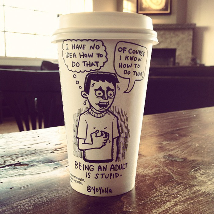 I Got Bored By Blank Coffee Cups, So I Started Drawing Comics On Them