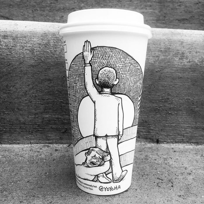I Got Bored By Blank Coffee Cups, So I Started Drawing Comics On Them