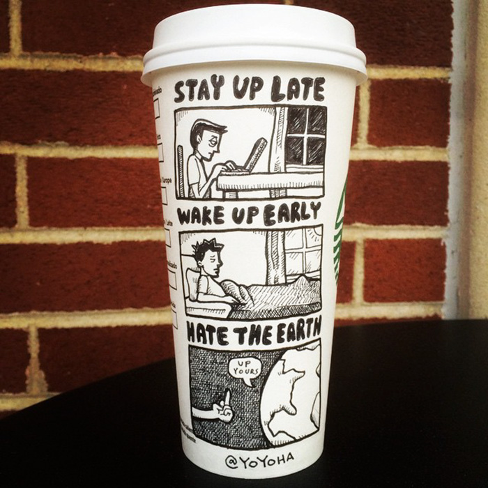 I Got Bored By Blank Coffee Cups, So I Started Drawing Comics On Them