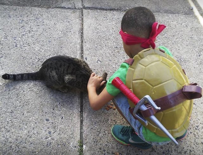 5 Year Old Dresses Up To Help Homeless Cats, Thinks He’s A Superhero To Them