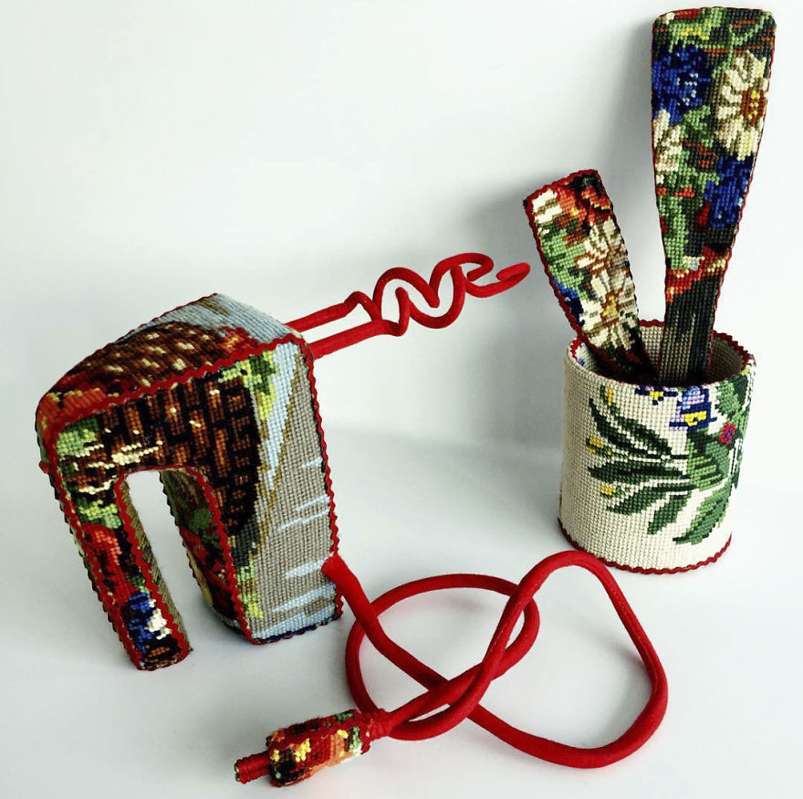 Artist Gives A Second Life To Vintage Household Objects By “Dressing Them Up” In Cross-Stitched Patterns Artist Gives A Second Life To Vintage Household Objects By “Dressing Them Up” In Cross-Stitched Patterns
