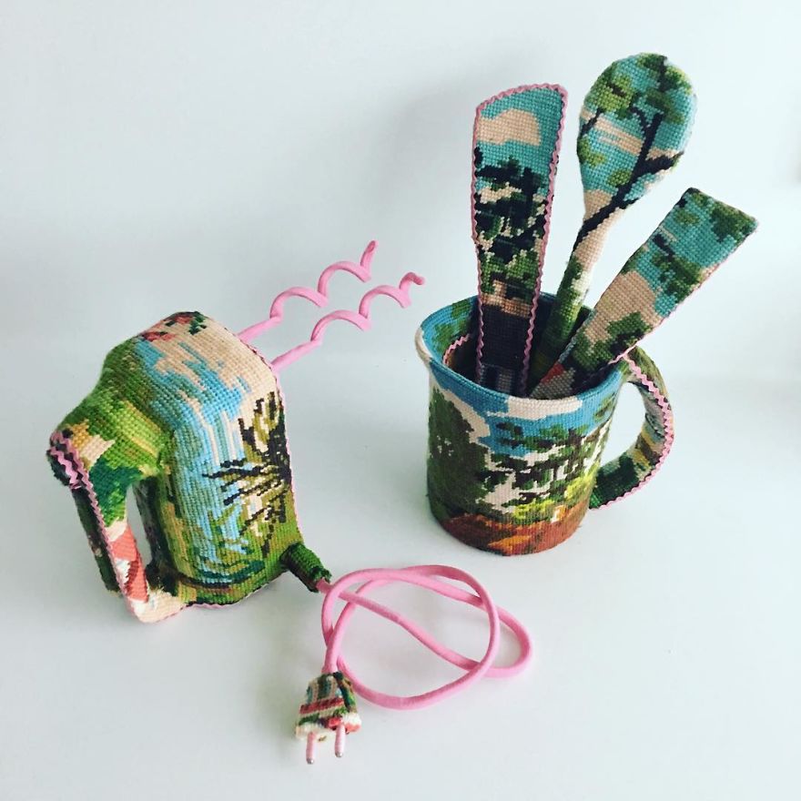 Artist Gives A Second Life To Vintage Household Objects By “Dressing Them Up” In Cross-Stitched Patterns Artist Gives A Second Life To Vintage Household Objects By “Dressing Them Up” In Cross-Stitched Patterns