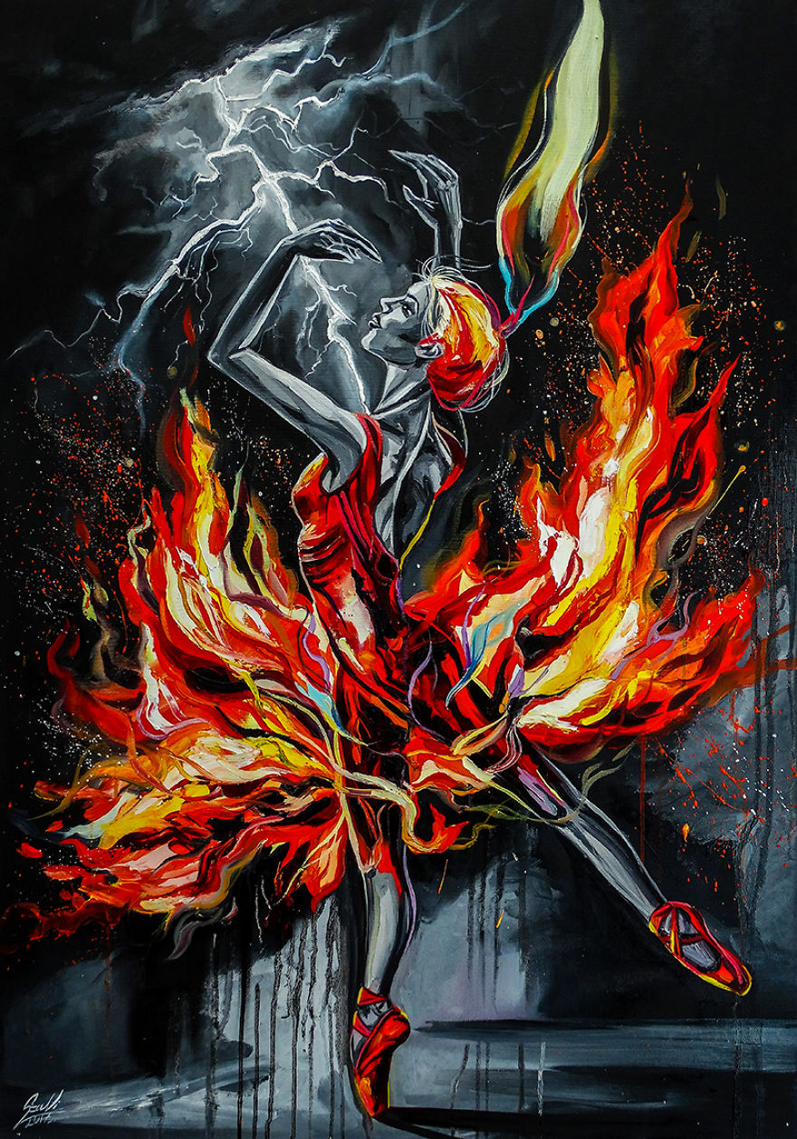 I Combined Oil Painted Ballerinas With The 4 Classical Elements To Respect Dancer’s Hard Work Behind The Scene