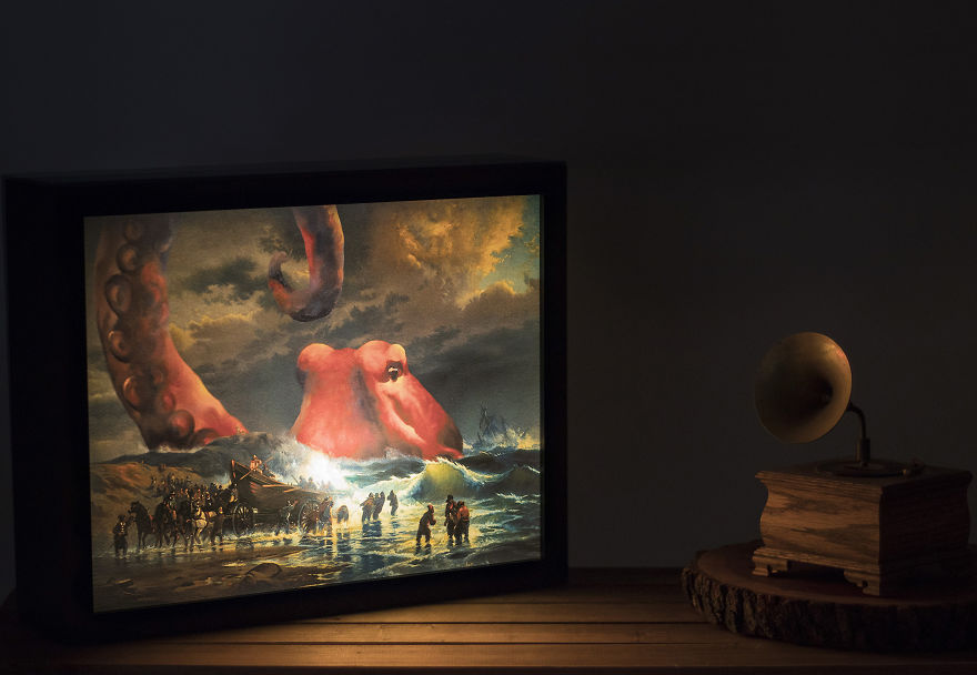 This Artist Modified An Antique Oil Painting To Include A Massive Sea Monster And Then Illuminated It This Artist Modified An Antique Oil Painting To Include A Massive Sea Monster And Then Illuminated It