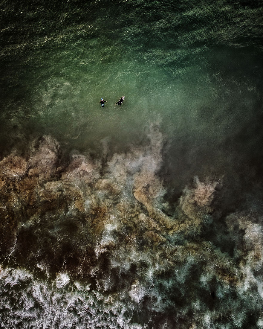 Drone Shots Of The Surfers On Llandudno Beach