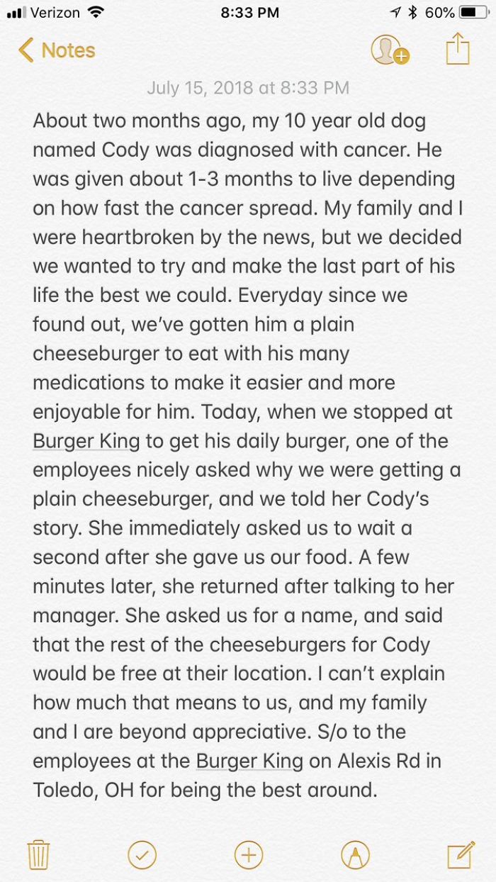 Sick Dog Get His Dream Fullfilled By Burger King After They Offer Free Burgers For The Rest Of His Life