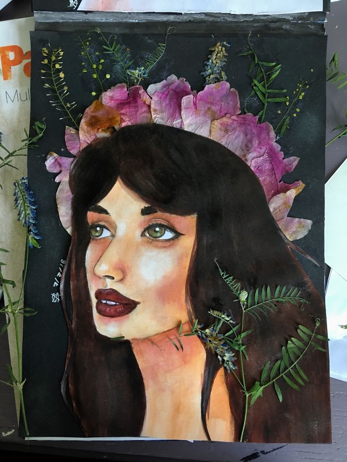 I Paint Colourful Watercolour Portraits With Dried Flowers To Keep My Stress Levels Down And Help My Depression