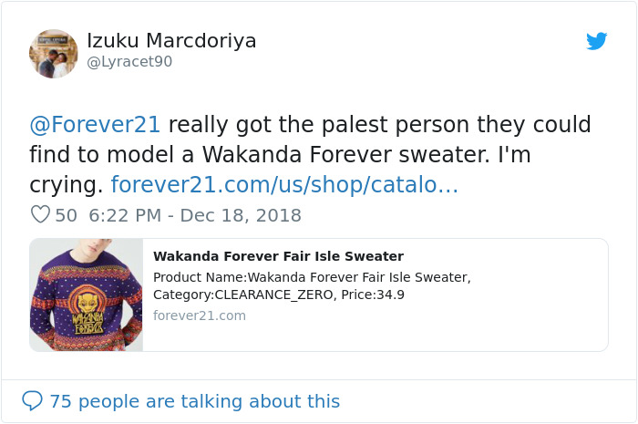 One Man Perfectly Shut Down People Who Called Forever 21 Racist Over White Model In A Wakanda Sweater One Man Perfectly Shut Down People Who Called Forever 21 Racist Over White Model In A Wakanda Sweater