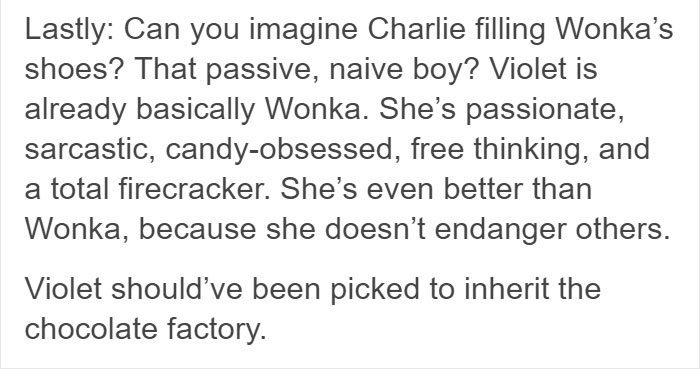 Tumblr User Explains Why Violet Should Have Won In “Willy Wonka & The Chocolate Factory” Tumblr User Explains Why Violet Should Have Won In “Willy Wonka & The Chocolate Factory”