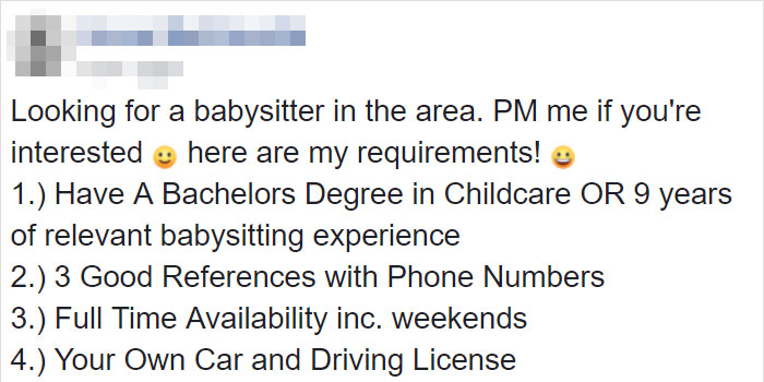 This Mom’s Requirements For A Babysitter Are So Crazy Someone Posted It On A Shaming Group This Mom’s Requirements For A Babysitter Are So Crazy Someone Posted It On A Shaming Group
