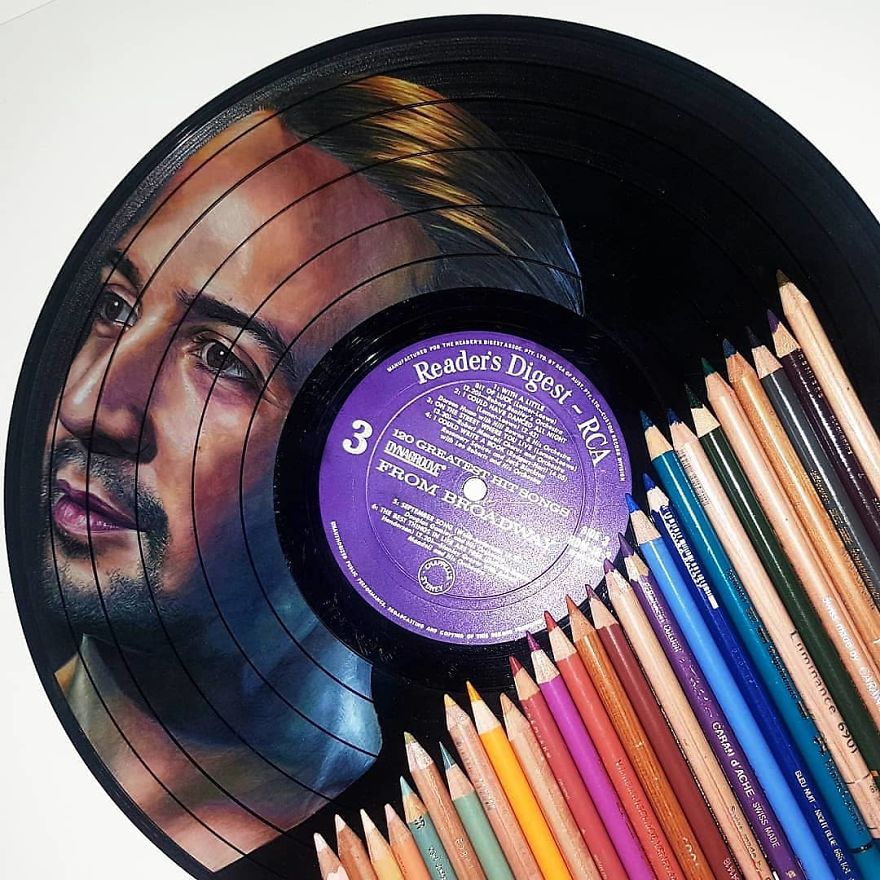 I Create Celebrity Portraits On Used Vinyl Records With Colored Pencils