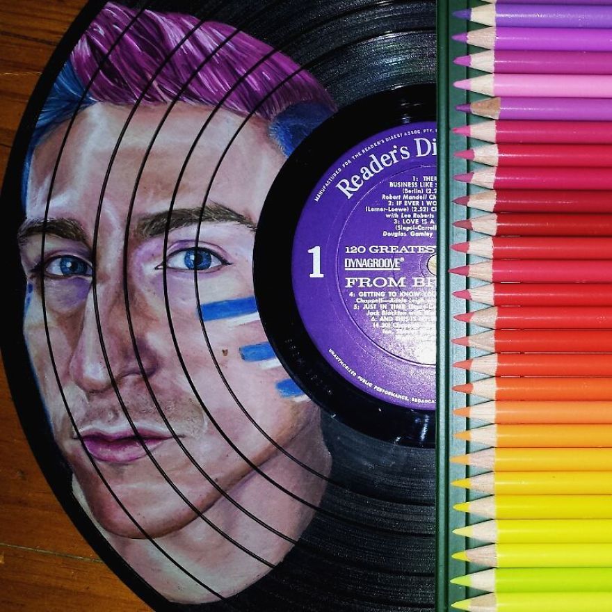 I Create Celebrity Portraits On Used Vinyl Records With Colored Pencils