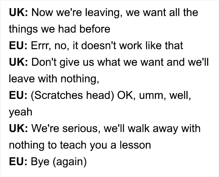 Funny “Chat” Between The UK And EU Illustrates How Dumb Brexit ‘Demands’ Look Funny “Chat” Between The UK And EU Illustrates How Dumb Brexit ‘Demands’ Look