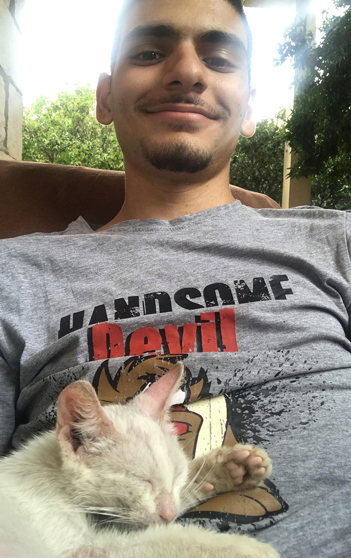 Guy Wakes Up From A Nap To A Stray Kitten Sleeping On His Stomach, Decides To Keep It