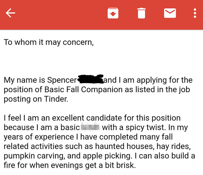 Girl Is Looking For A ‘Fall Companion’ On Tinder And This Guy Won Her Over By Sending An Extensive Resume Girl Is Looking For A ‘Fall Companion’ On Tinder And This Guy Won Her Over By Sending An Extensive Resume