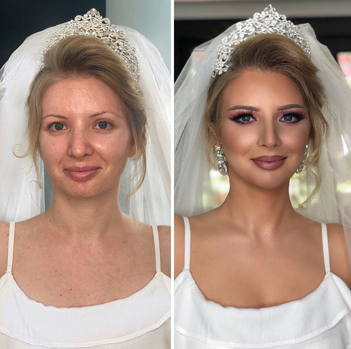 11 Photos Taken Before And After Brides Got Their Wedding Makeup