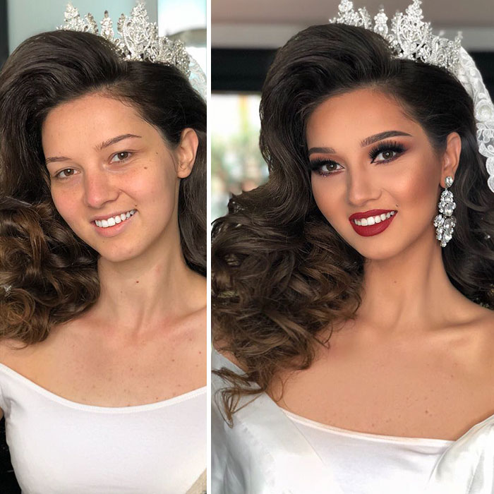 11 Photos Taken Before And After Brides Got Their Wedding Makeup
