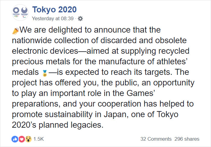 Japan Calls On Its Citizens To Help Collect Old Electronics To Create 100% Recycled Tokyo 2020 Medals Japan Calls On Its Citizens To Help Collect Old Electronics To Create 100% Recycled Tokyo 2020 Medals