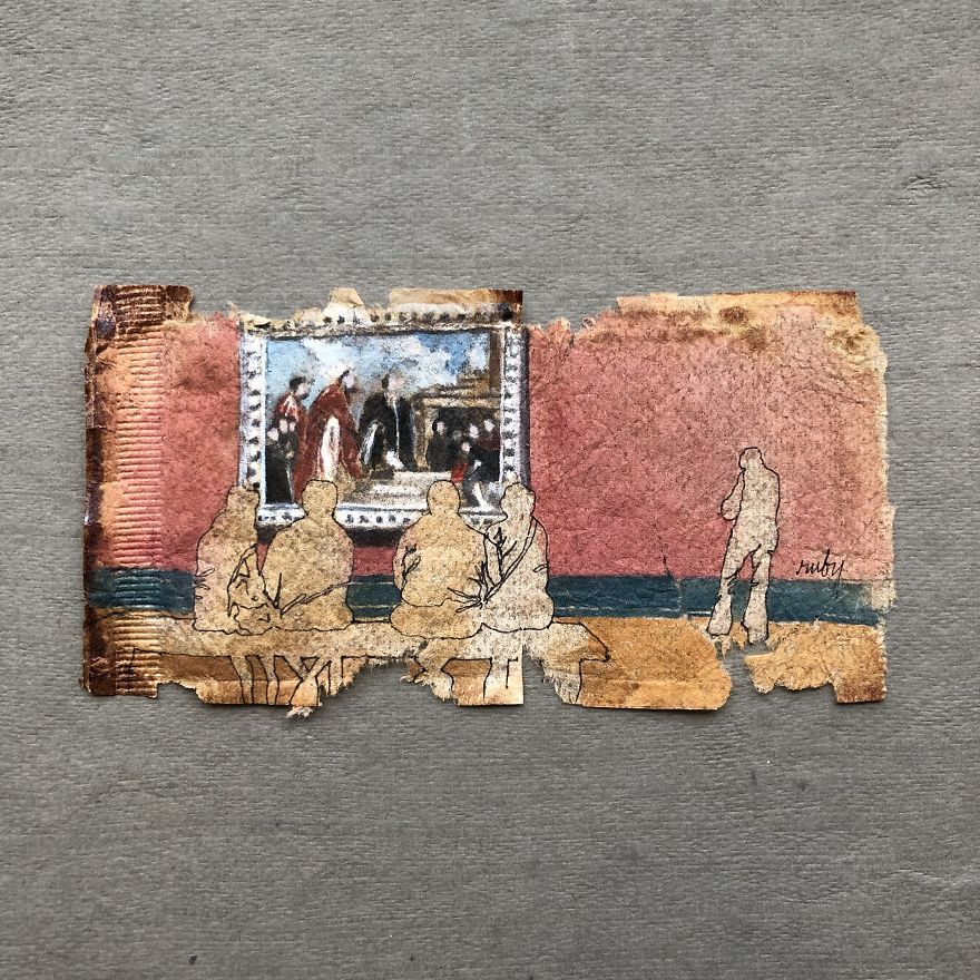 I Paint “Museum Goers” On Used Tea Bags (19 Pics) I Paint “Museum Goers” On Used Tea Bags (19 Pics)