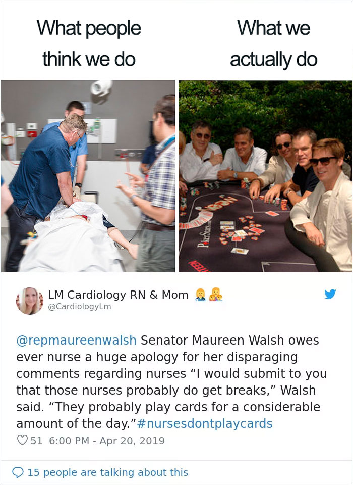 Senator Says Nurses Don’t Need Breaks As They Spend Most Of The Day Playing Cards, Nurses Respond With Sarcastic Pics Senator Says Nurses Don’t Need Breaks As They Spend Most Of The Day Playing Cards, Nurses Respond With Sarcastic Pics