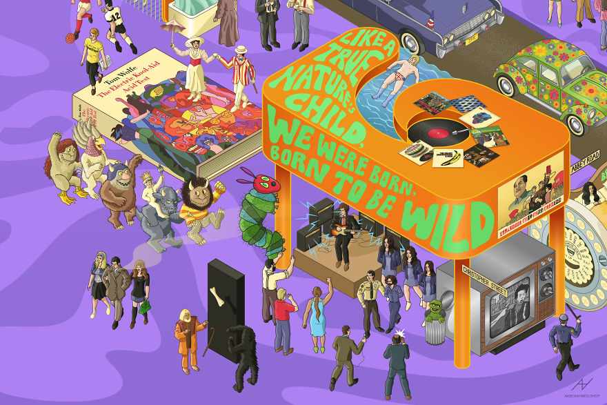 I Draw Illustrations With Symbols Of The 20s, 40s And 60s To Express My Love For Pop-Culture And History I Draw Illustrations With Symbols Of The 20s, 40s And 60s To Express My Love For Pop-Culture And History